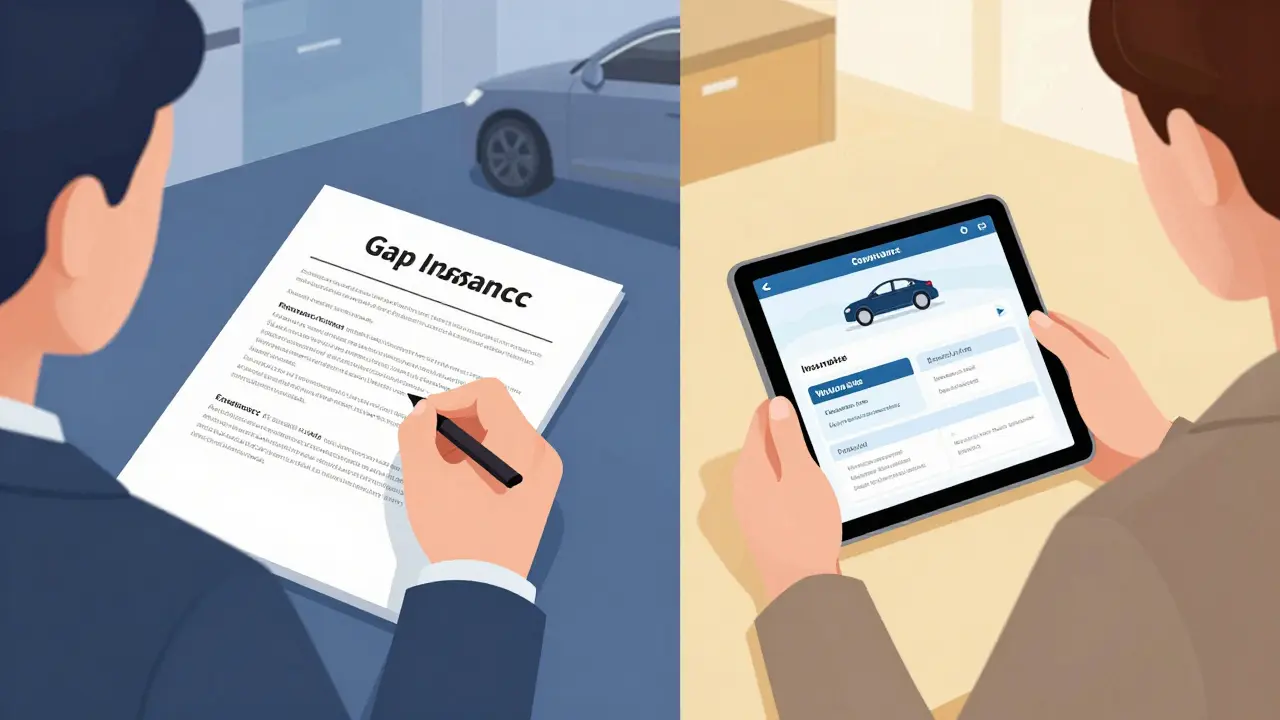 Split scene: person signing gap insurance at dealership vs. reviewing policy at home, highlighting cost differences.