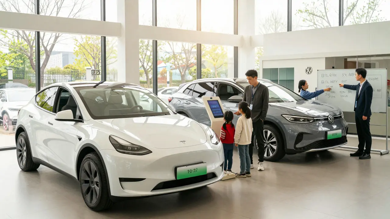 Spring car showroom showing new 2026 and discounted 2025 models, family reviewing financing options in daylight.