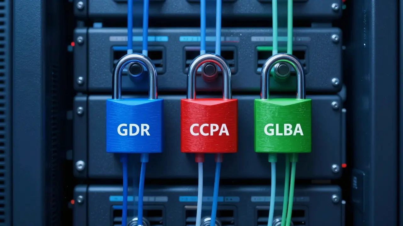 Three color-coded locks on server: blue, red, green.