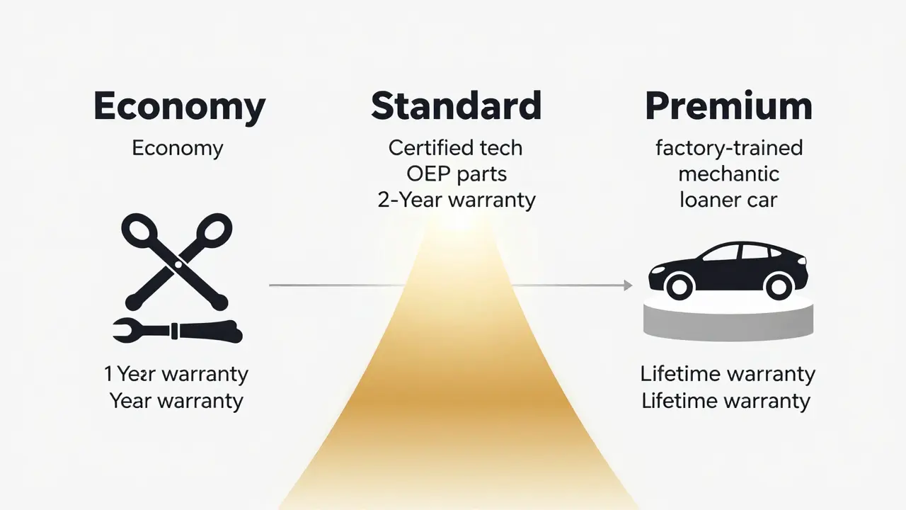 Three service tiers illustrated as distinct paths: Economy, Standard, and Premium auto repair options.