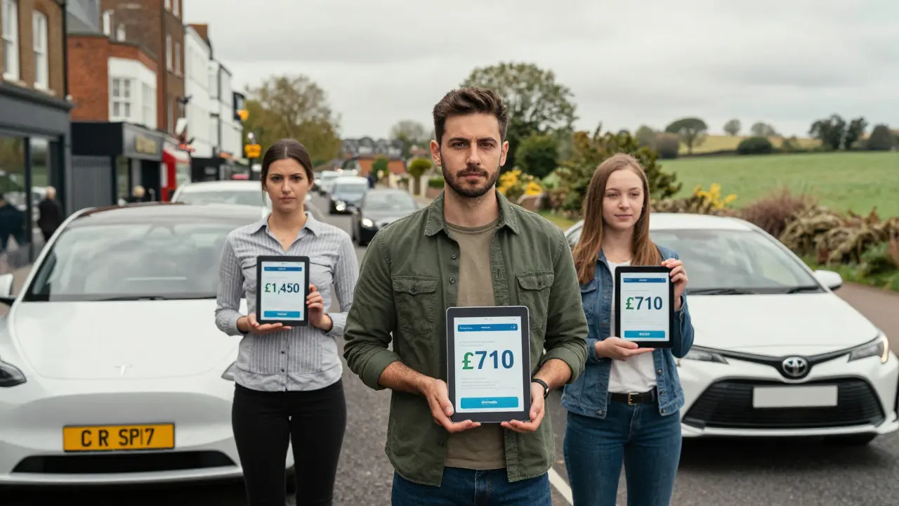Two drivers comparing insurance costs: one in a city with an expensive EV, another in the countryside with an affordable hatchback.