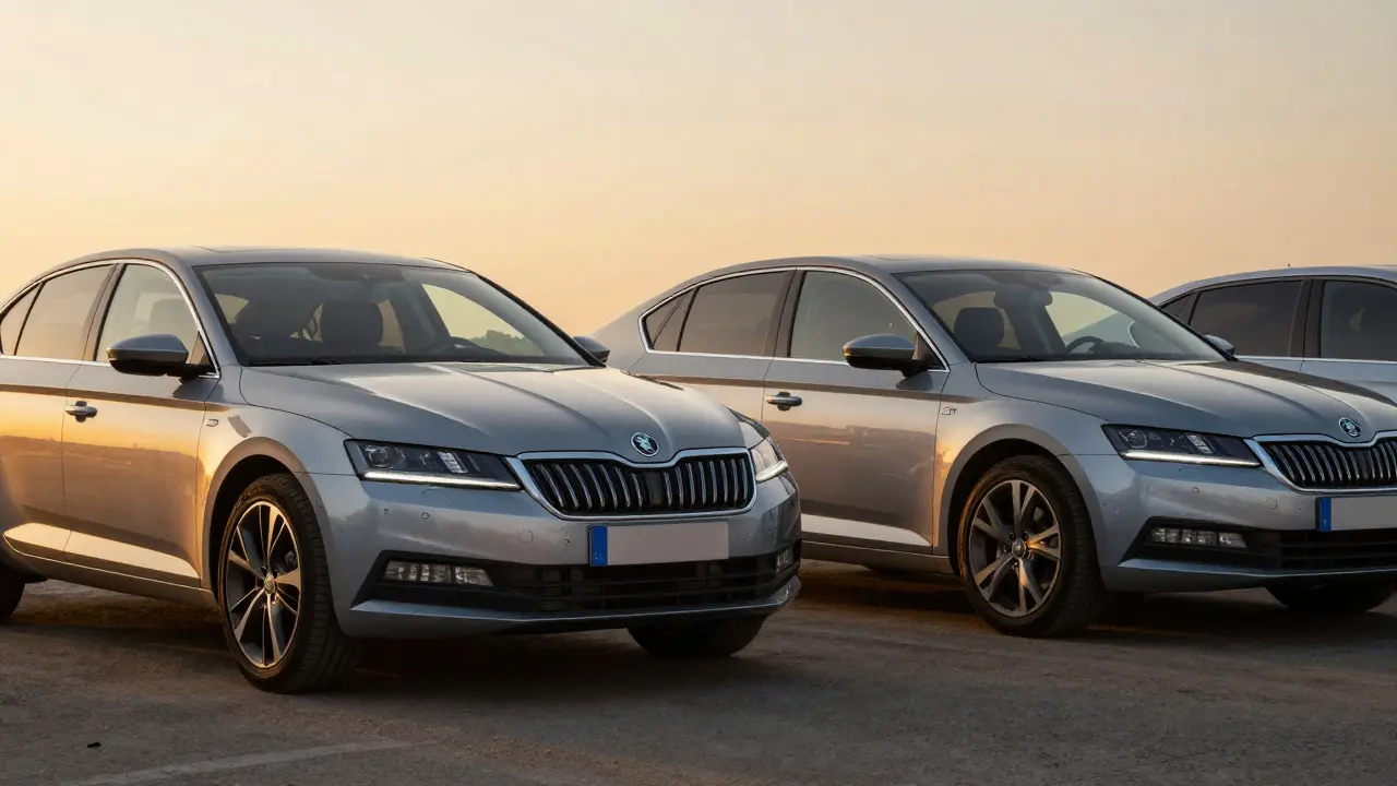 Two identical cars on a used lot, one with factory options gleaming in sunset light, the other with aftermarket upgrades showing signs of wear.