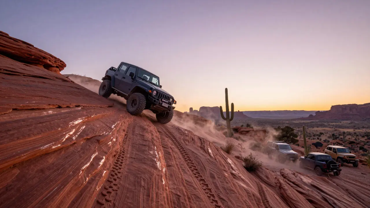 A 4x4 vehicle ascending the slick red rock of Hell's Revenge trail at sunrise.