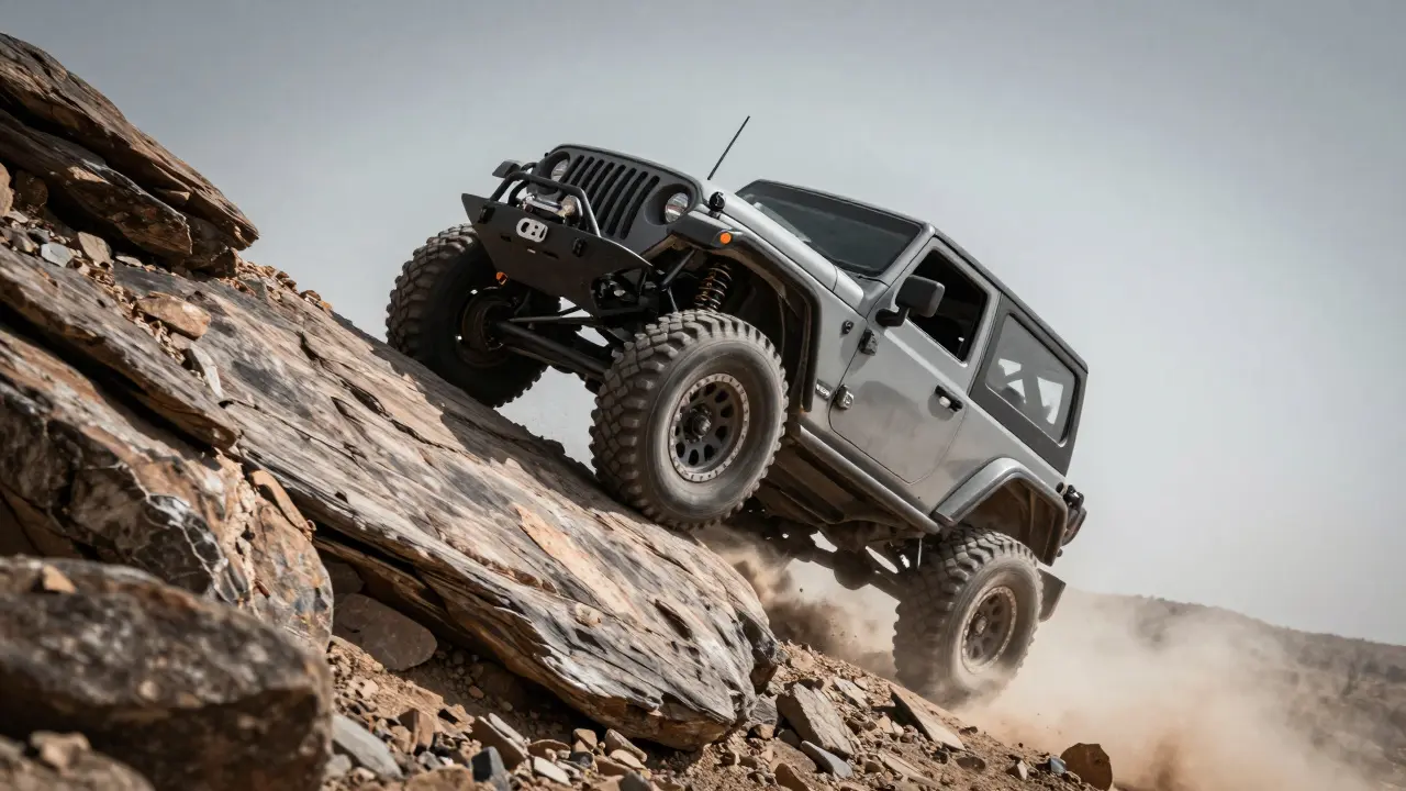A 4x4 vehicle climbing a steep sidehill with all four tires gripping rocks, staying perfectly level due to optimized suspension geometry.