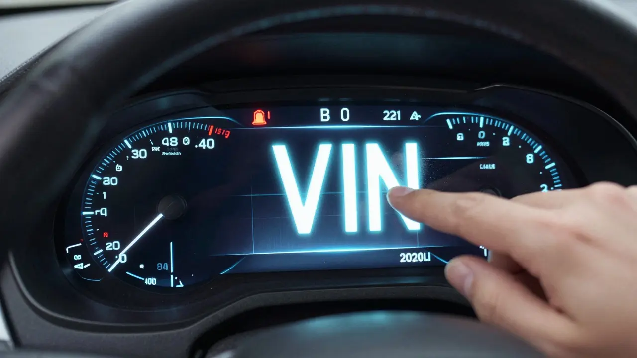 A car's VIN number with permanent mileage data flowing like digital chains, impossible to erase.