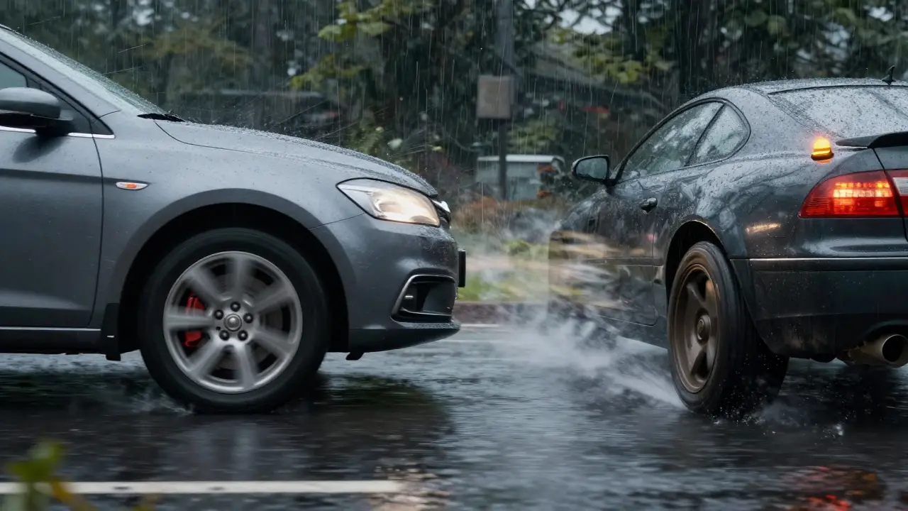 A car skidding on wet road without ABS vs. one braking safely with ABS active.