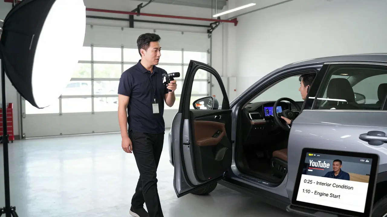 A dealership employee recording a video walkthrough of a used car in a well-lit garage.