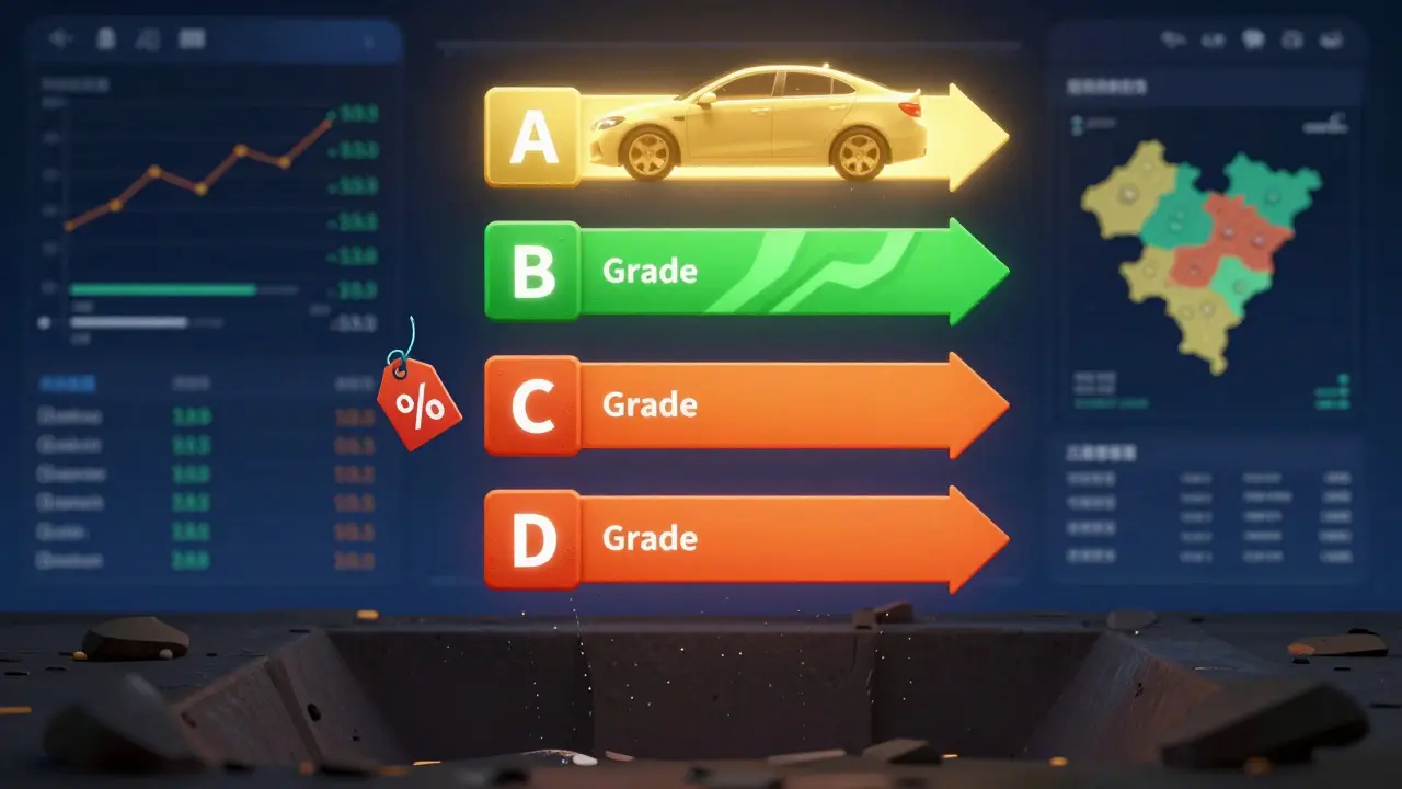 A four-tier grading system visualized as a leaderboard, with cars ranked by sales performance and data indicators in the background.