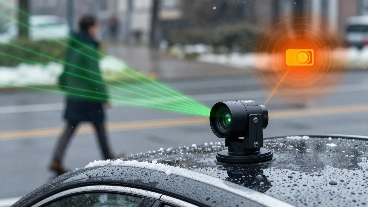 A LiDAR sensor on an SUV roof scanning through snow and rain, with radar and camera data converging on a pedestrian.