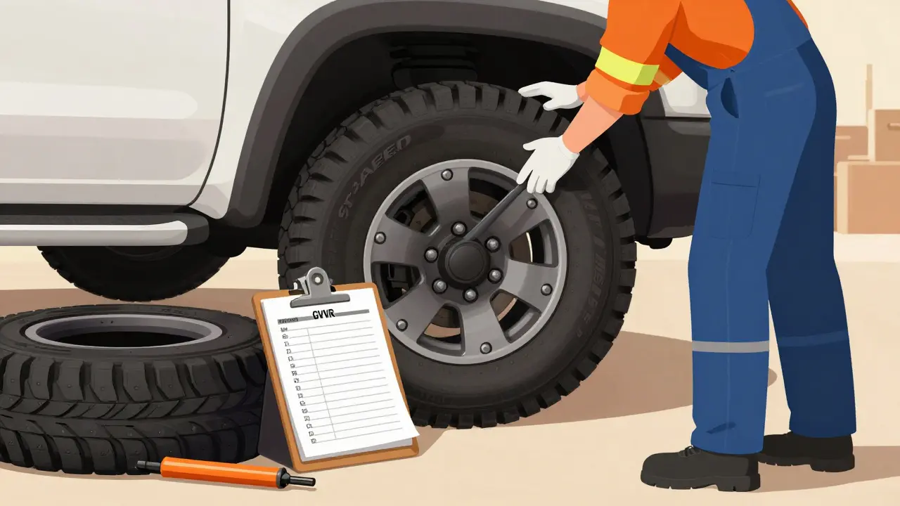 A mechanic checking trailer tires and tongue weight with a checklist and tools beside a pickup truck.