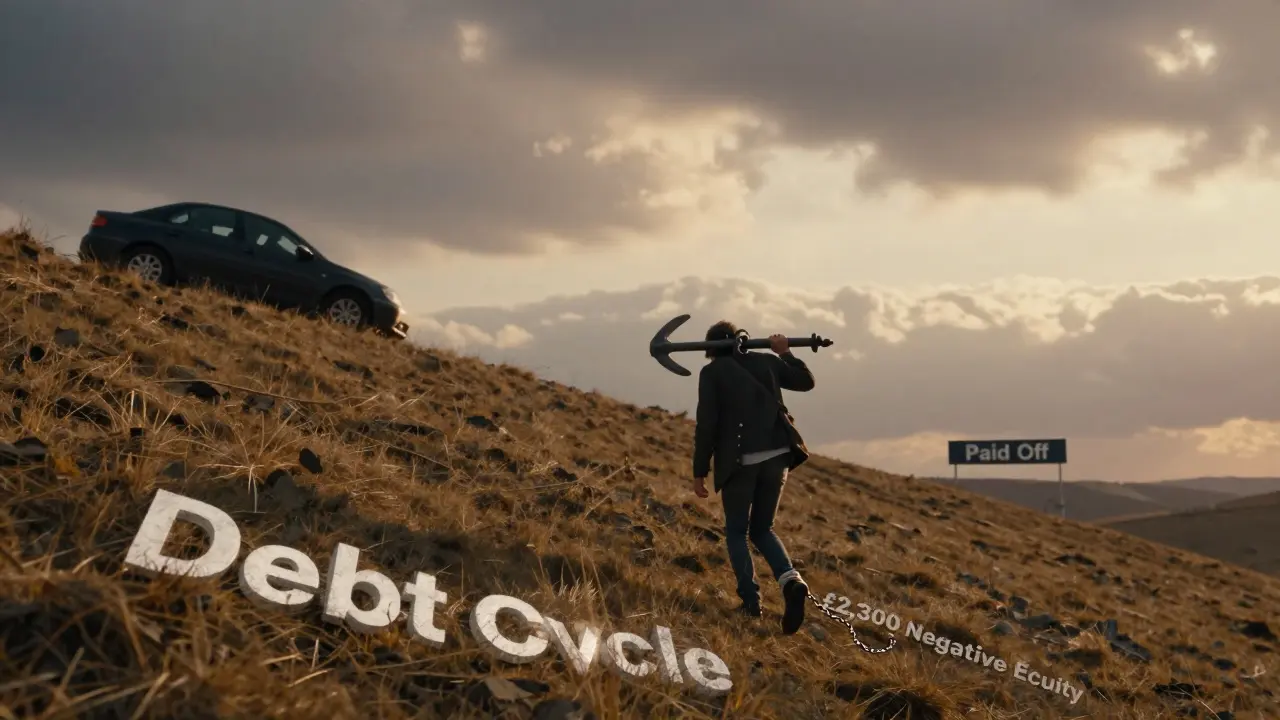 A person struggling to walk down a hill while dragging a heavy anchor labeled 'Negative Equity'.