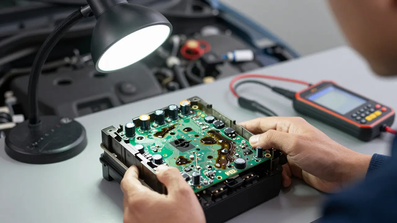 A technician opening an ABS module to reveal a corroded circuit board inside.