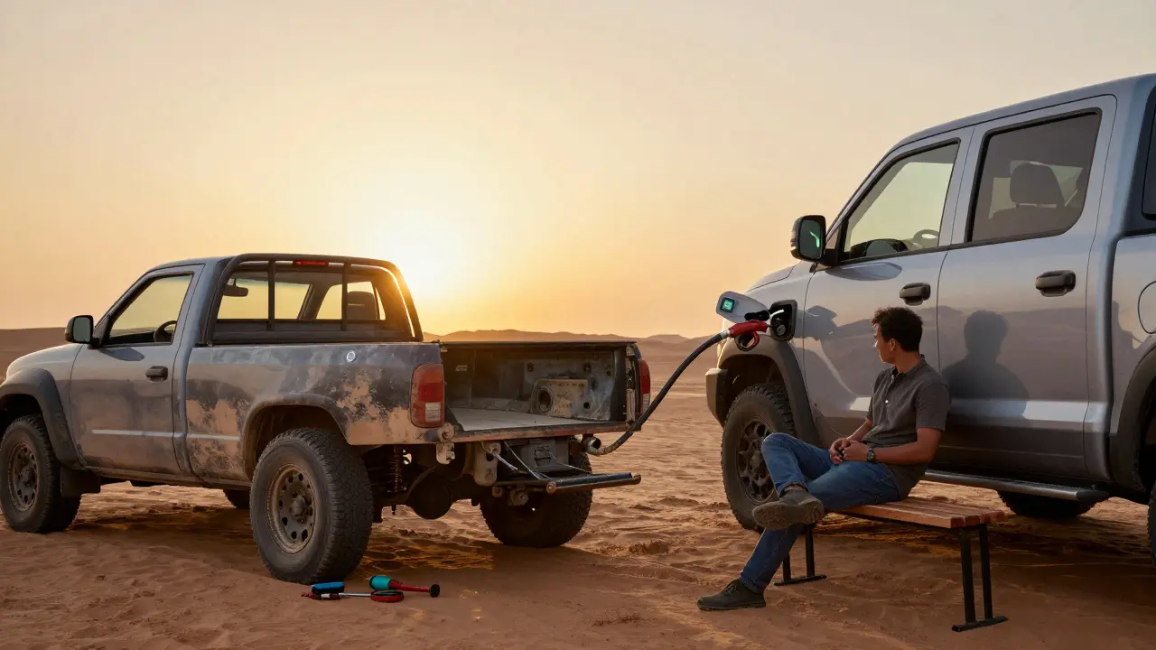 A truck owner repairing a worn bed on a body-on-frame truck while another relaxes beside a modern unibody truck at sunset.