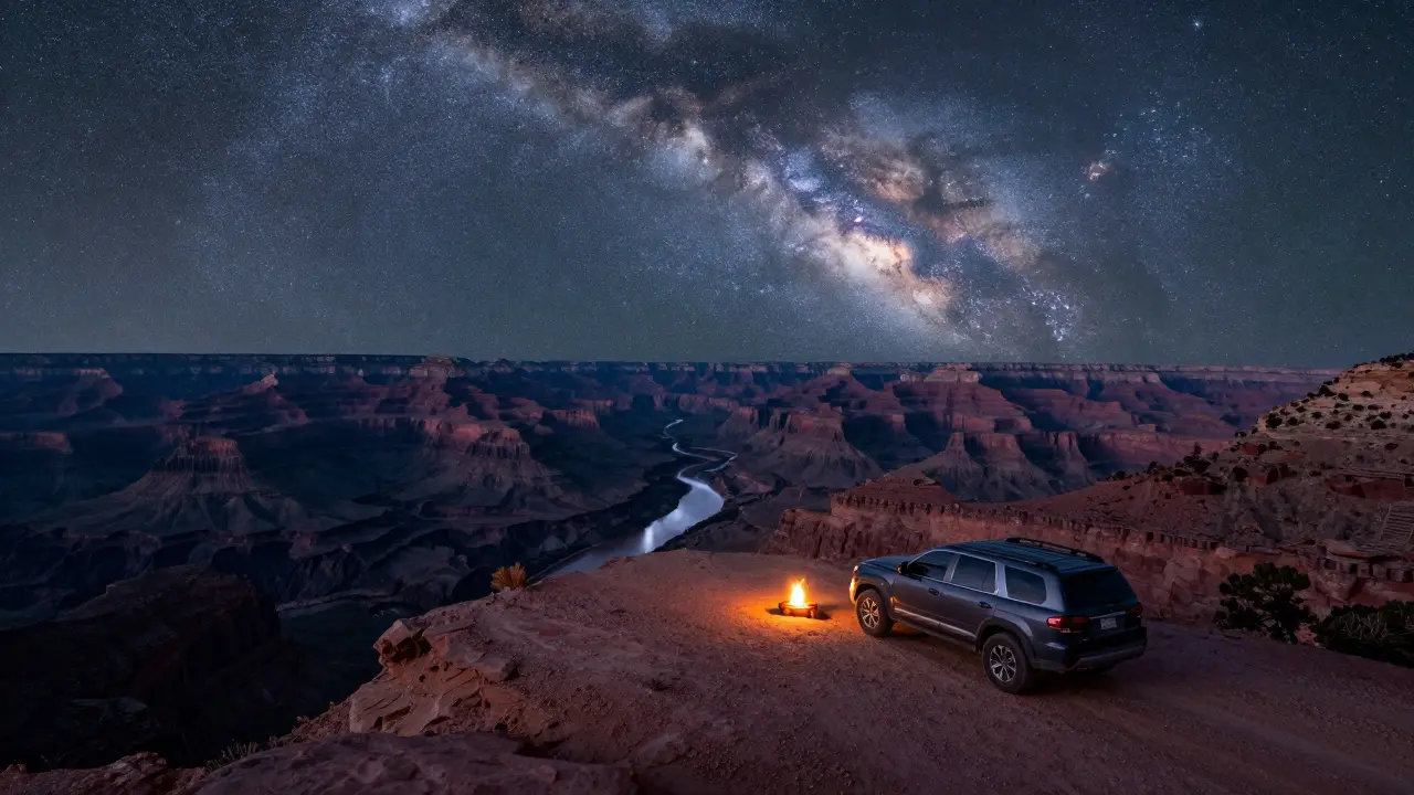 A vehicle parked on a canyon plateau under a brilliant night sky filled with stars.