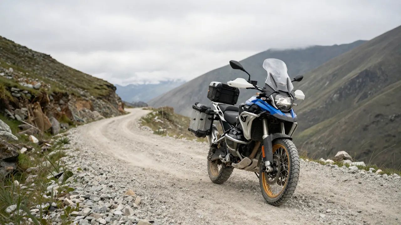 Adventure motorcycle on a gravel path with mountains in background.