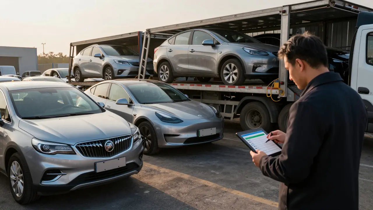 An auction floor at dawn with unsold cars being loaded onto trucks, while a dealer reviews grading data on a tablet.