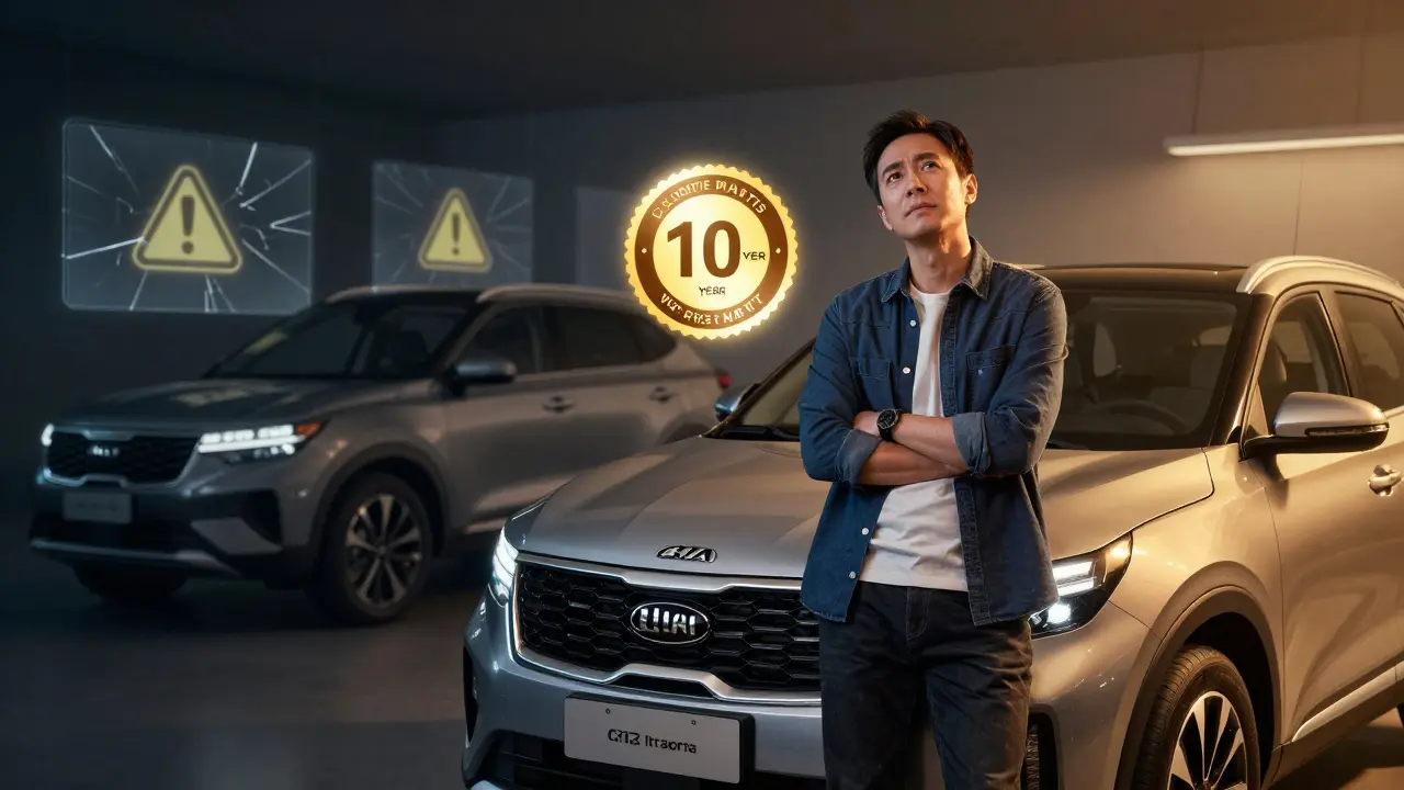 Buyer standing beside a certified pre-owned Kia Seltos with glowing warranty badge.