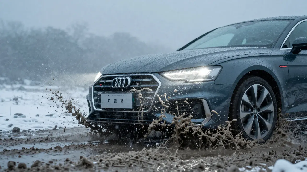 Car front covered in mud and snow blocking camera and radar sensors