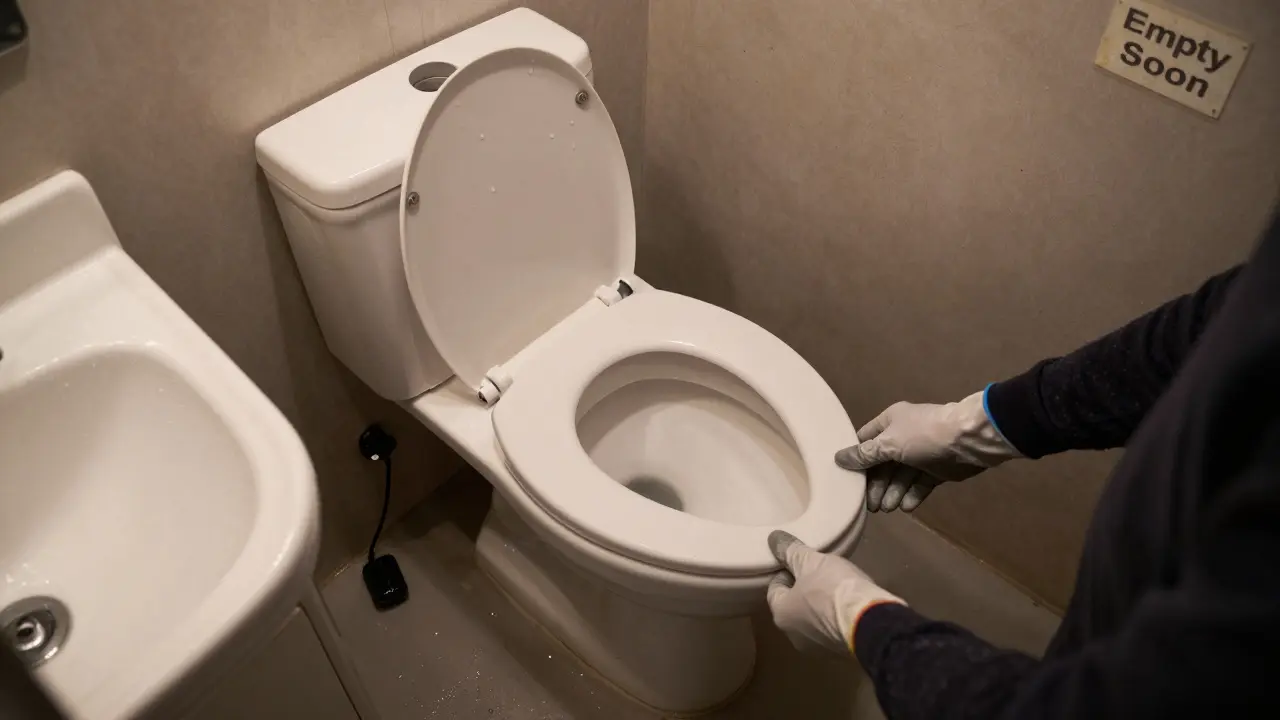 Cassette toilet being emptied in a van bathroom, with gloved hands and water droplets visible.