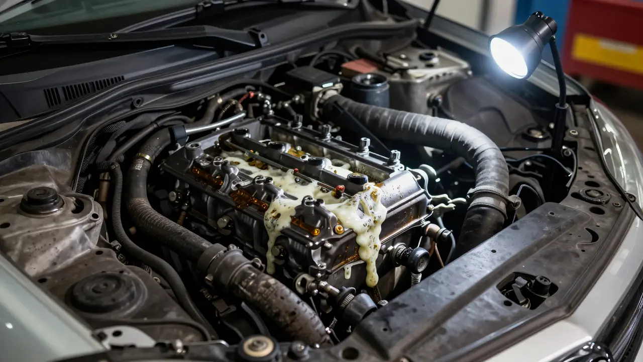 Close-up of a dirty car engine with oil leaks and cracked hoses under garage lighting.