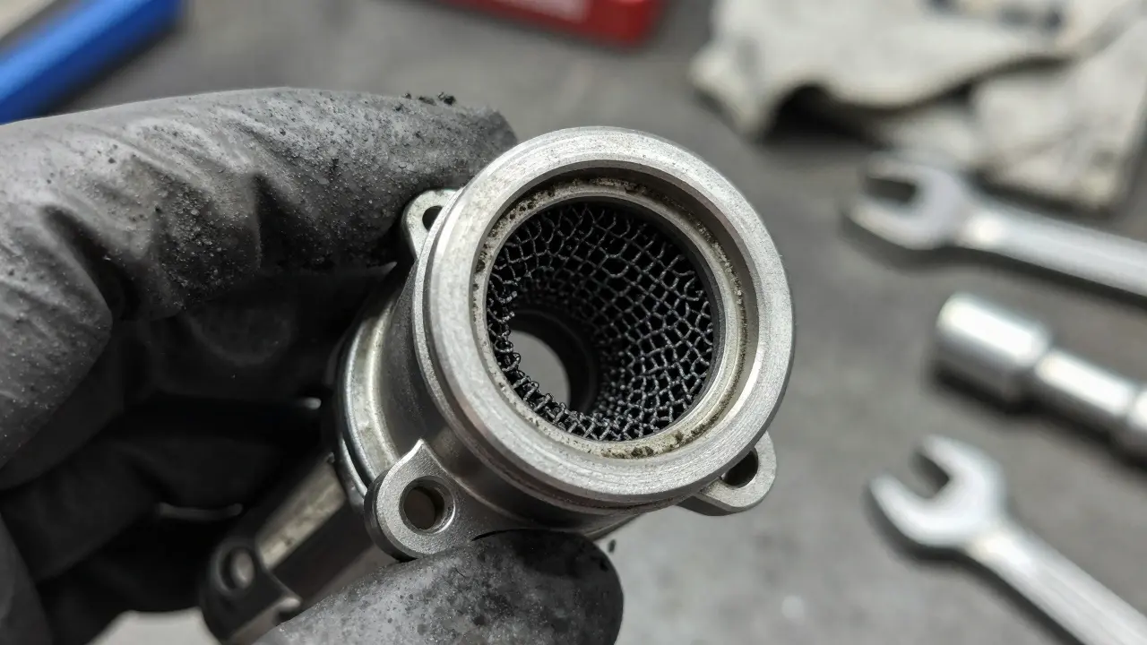 Close-up of dirty PCV valve component held in mechanic fingers