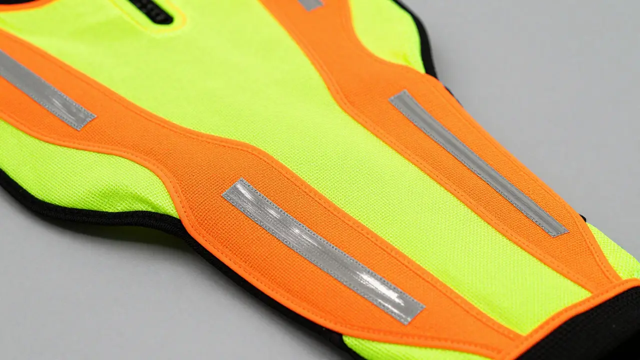 Close-up of fluorescent yellow motorcycle jacket with reflective tape details.