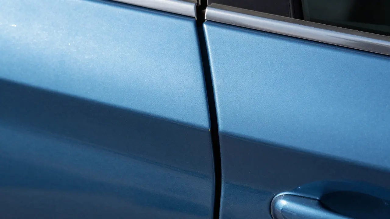 Close up of uneven car door panel gaps and textured paint surface.