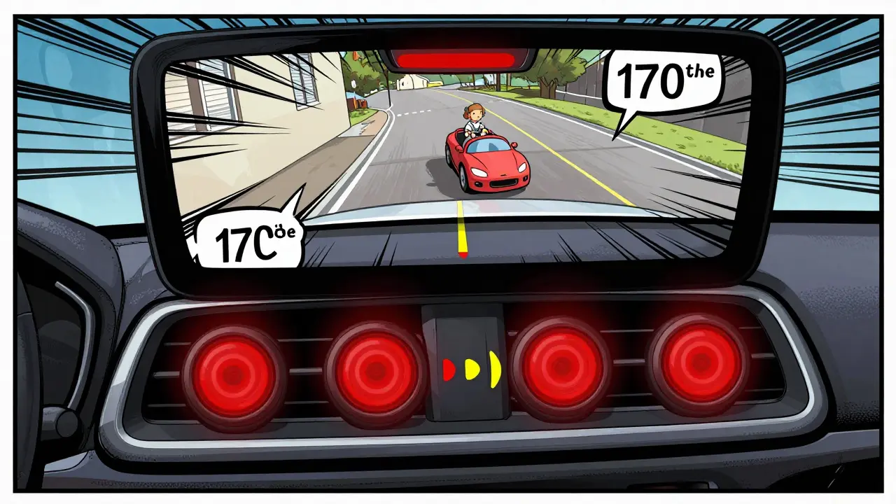 Comic-style car with sensors and distance lines alerting to a nearby toddler's toy.