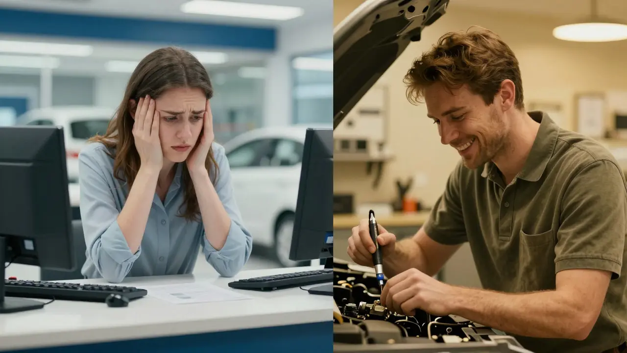 Contrast between expensive dealership diagnostic service and affordable independent repair.