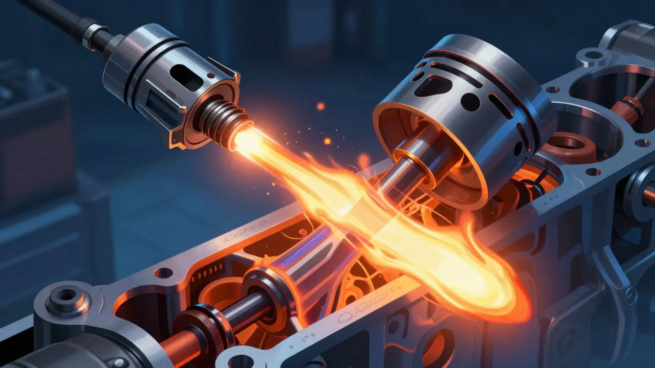 Cross-section of an engine cylinder showing spark ignition and flame front pushing a piston.