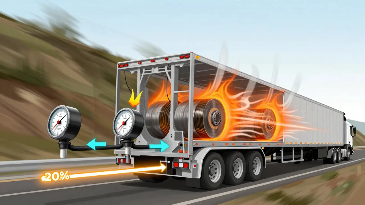 Cross-section of trailer brake system showing proportional braking and boost activation on steep descent.