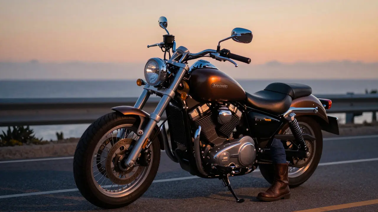 Cruiser motorcycle parked on a coastal road at sunset.