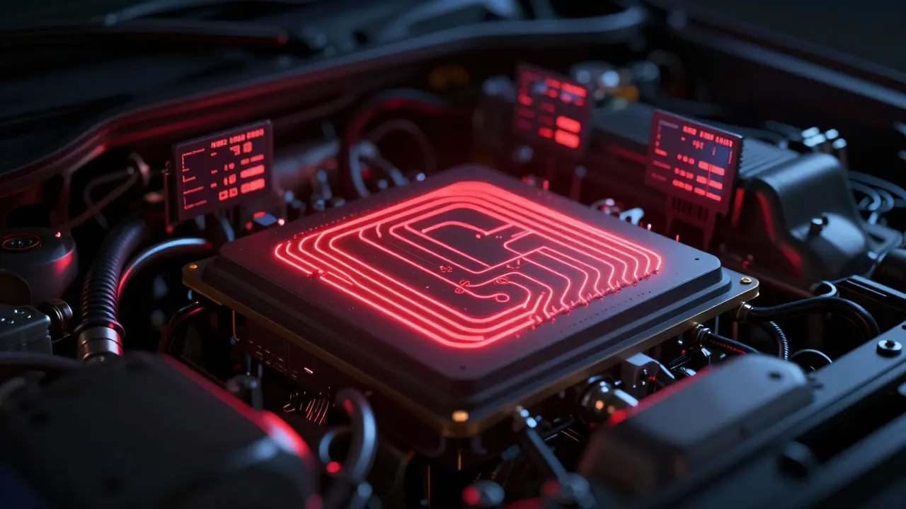 Digital ECU with glowing timing maps floating over a dark engine bay.