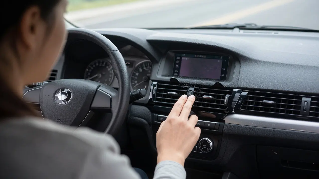 Driver testing dashboard electronics in a used car with signs of mildew near air vents.