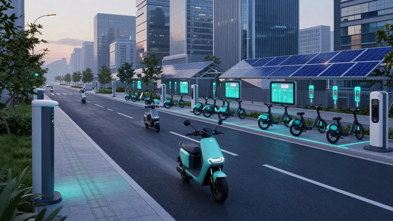 Electric motorcycles moving silently through a futuristic city with charging infrastructure.