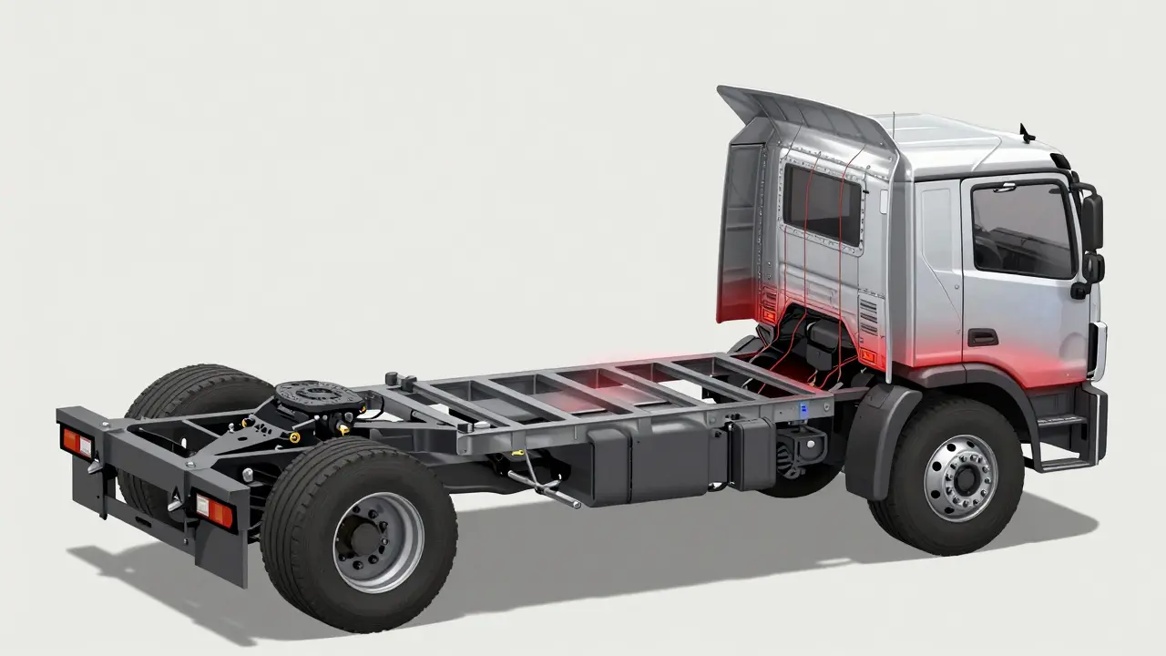 Engineering cross-section comparing how body-on-frame and unibody truck chassis handle stress during heavy towing.