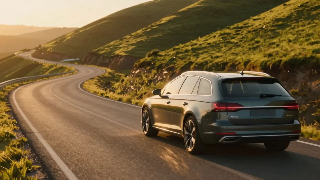 Family wagon driving on a winding road during golden hour sunlight