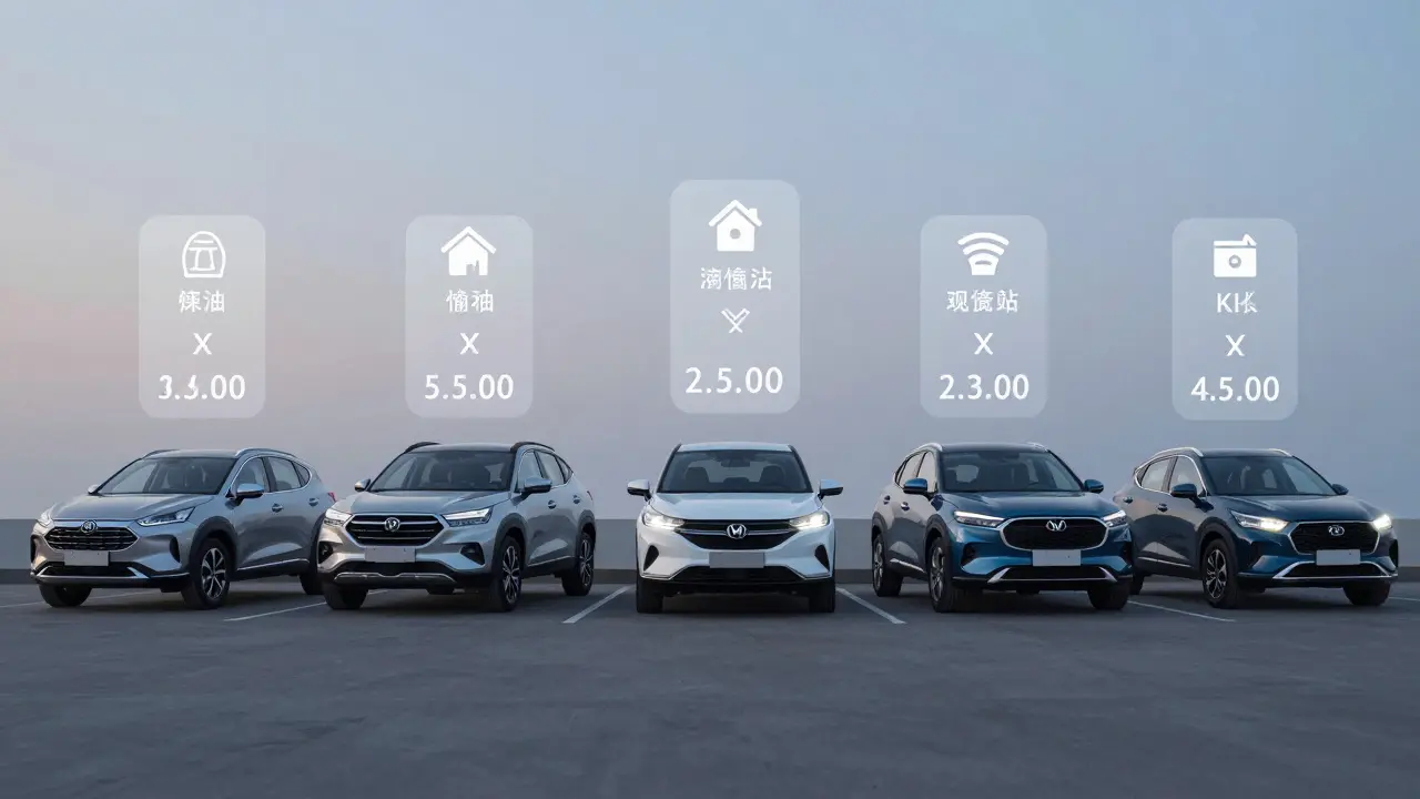 Five compact SUVs lined up with transparent cost estimates floating above each model.
