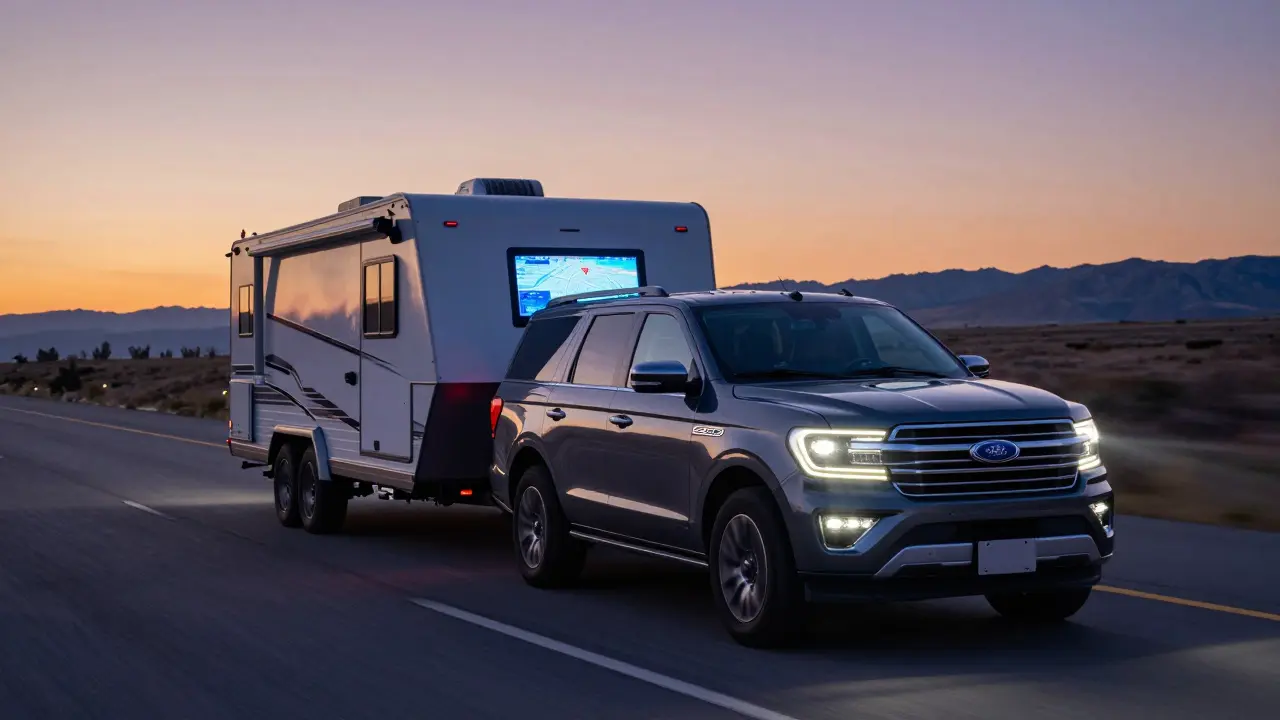 Ford Expedition towing a large travel trailer on a highway at dusk, digital dashboard visible, sunset lighting.