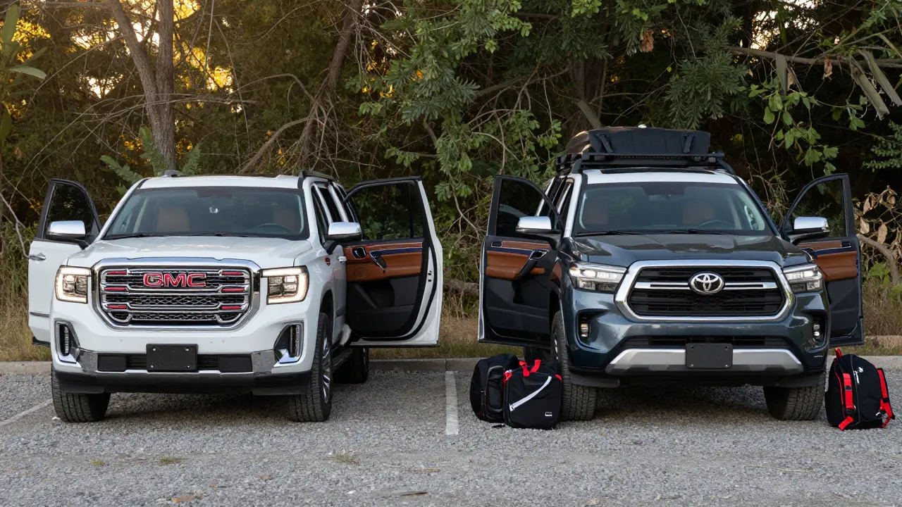 GMC Yukon Denali and Toyota Sequoia parked side by side, showing interior differences during a family road trip.