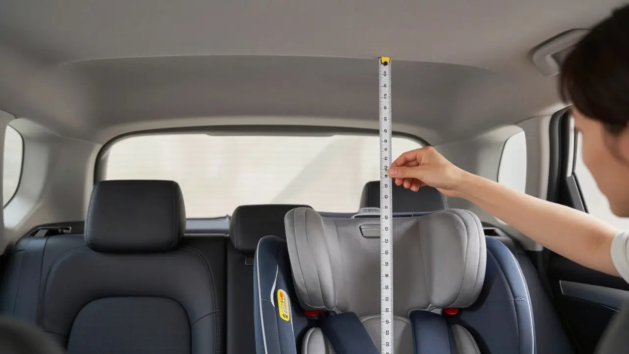 Measuring headspace between car seat and SUV ceiling