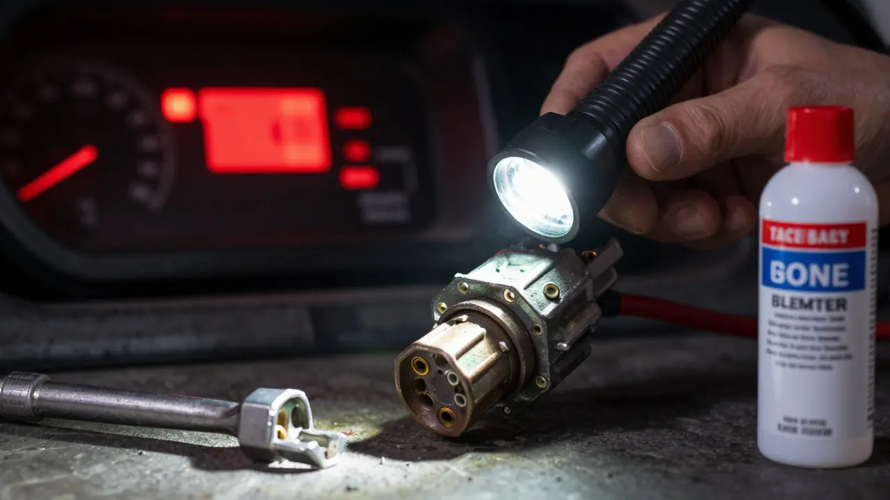 Mechanic cleaning corroded trailer electrical connector with flashlight as brake light blinks on dashboard.