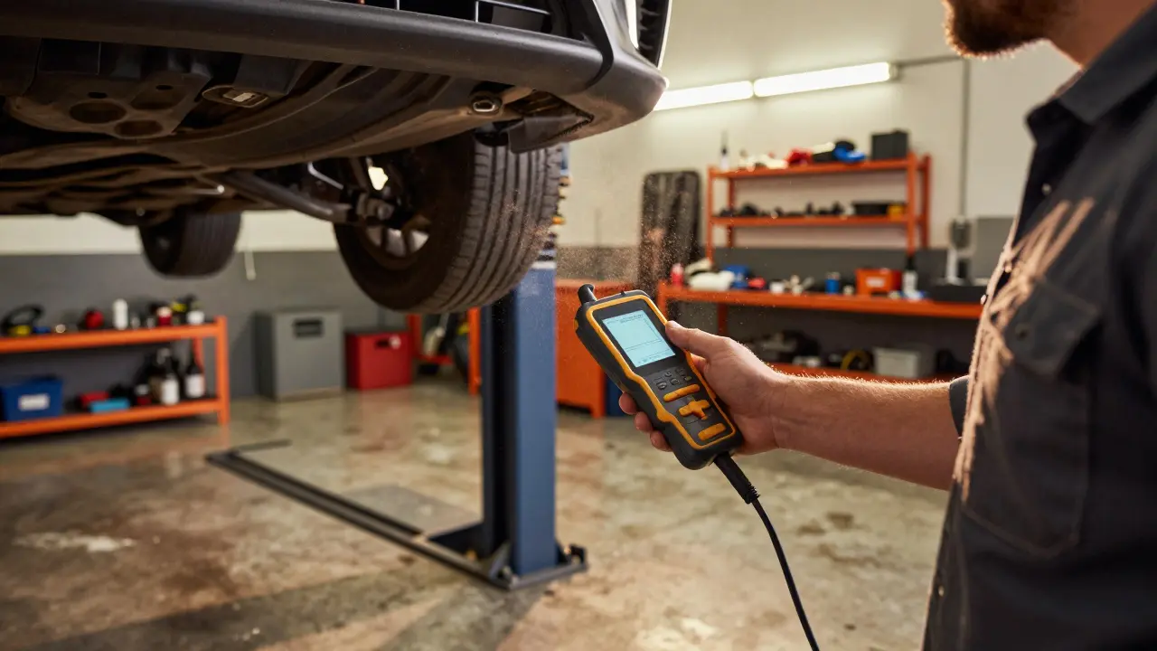 Mechanic measuring paint thickness on car hood in automotive garage.