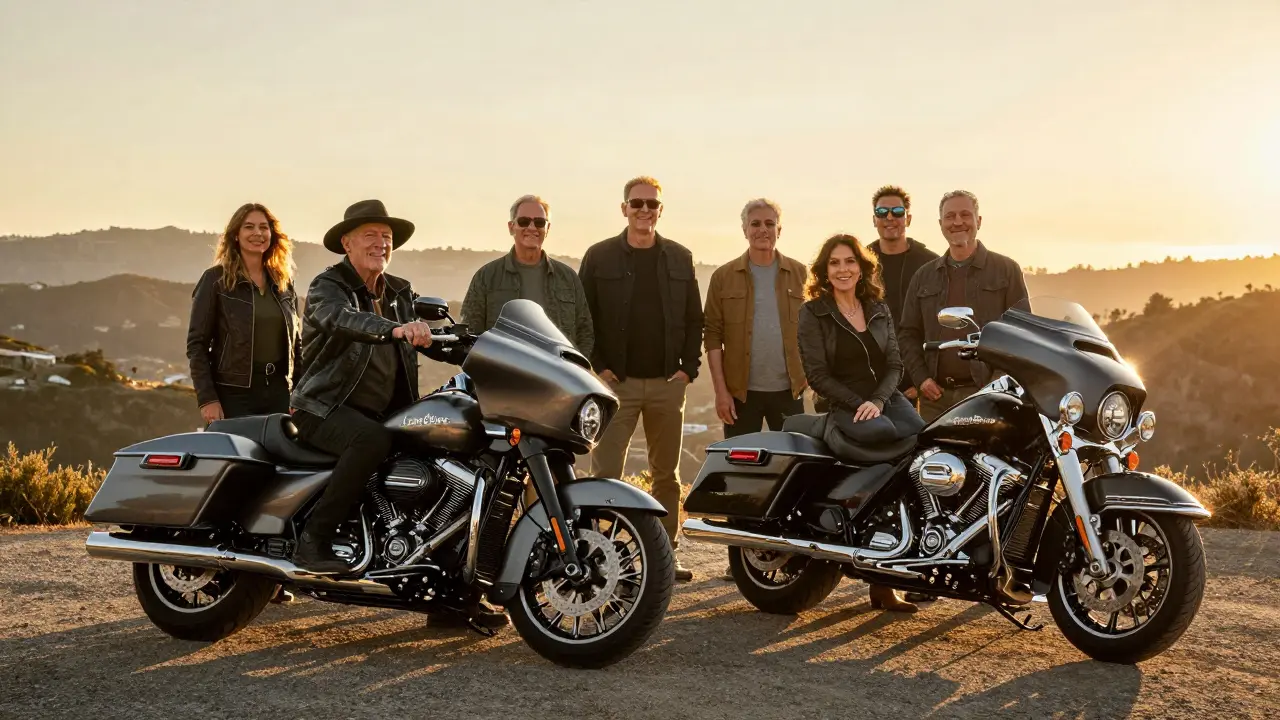 Older riders posing with classic and electric motorcycles at a scenic overlook.