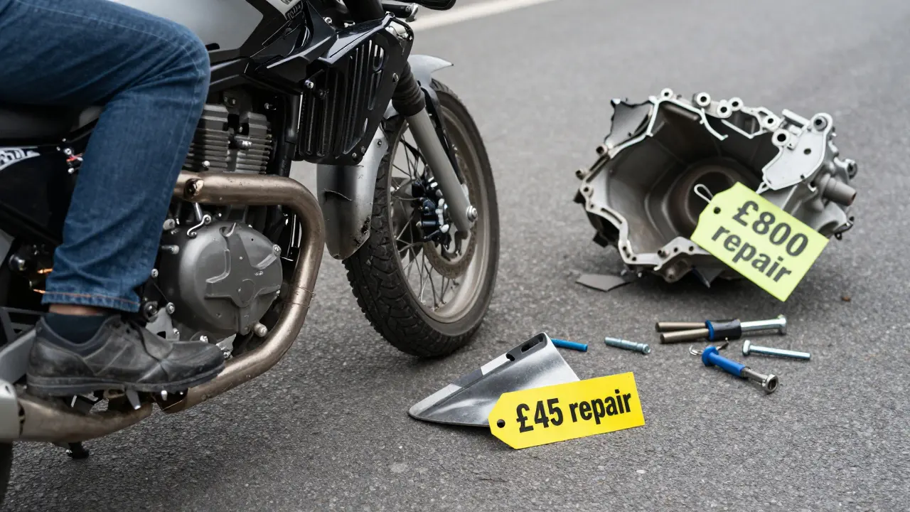 Rider examining a dented but functional engine guard with repair cost tags showing savings.