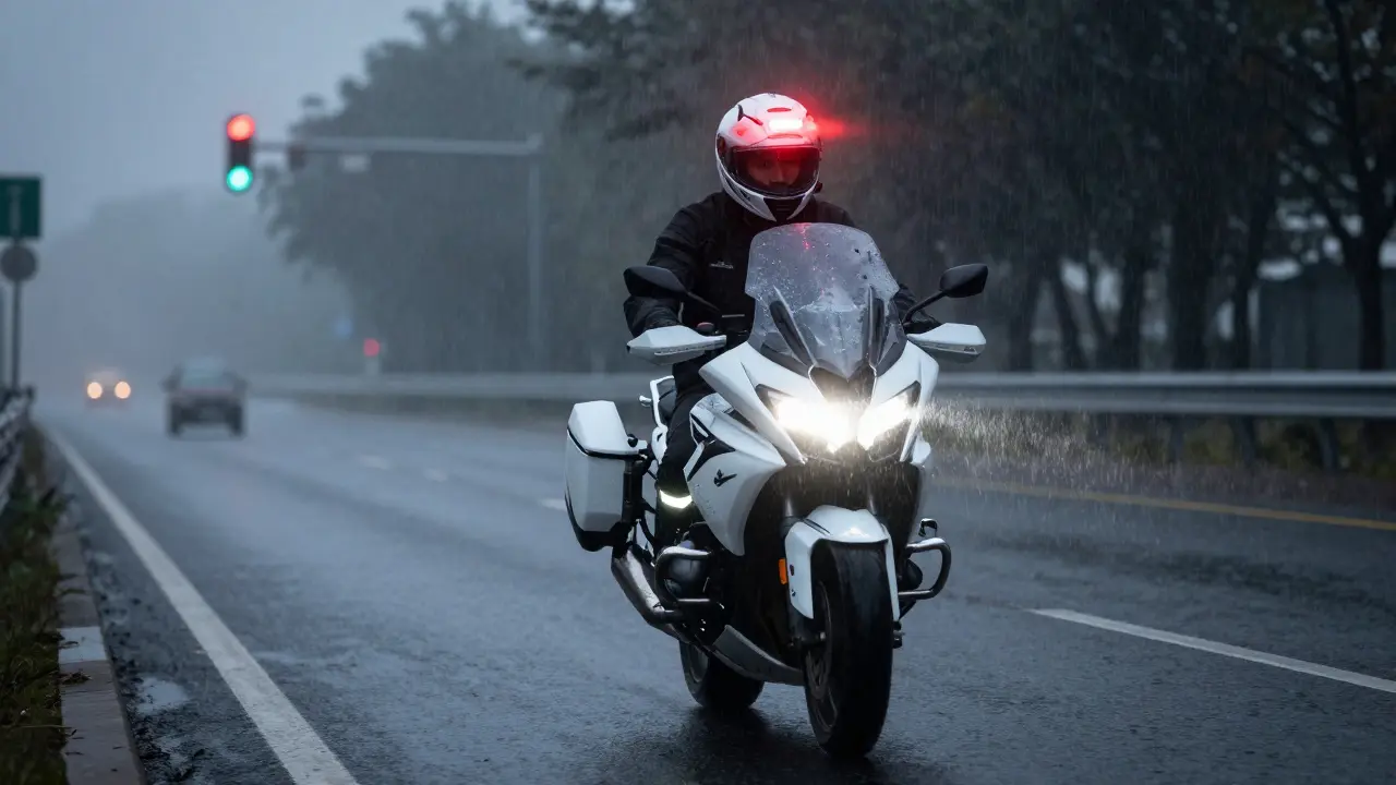 Rider in rain gear with helmet LED lights navigating wet city streets safely.
