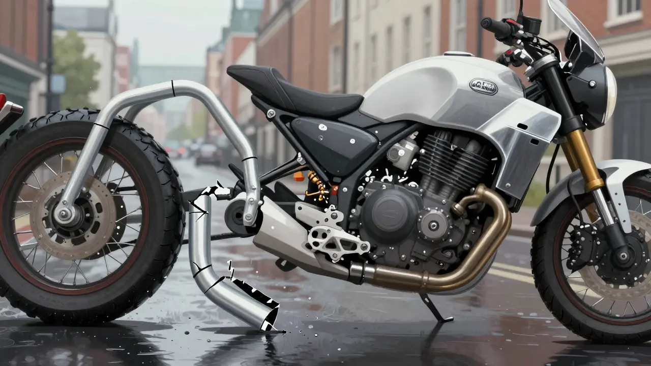 Side-by-side comparison of bent aluminum and intact steel engine guards after crash impact.