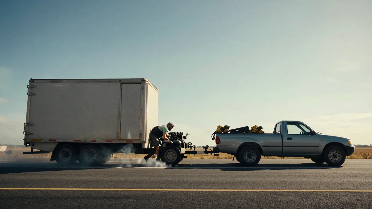 Split image comparing unsafe vs safe towing setups for a pickup truck and trailer.