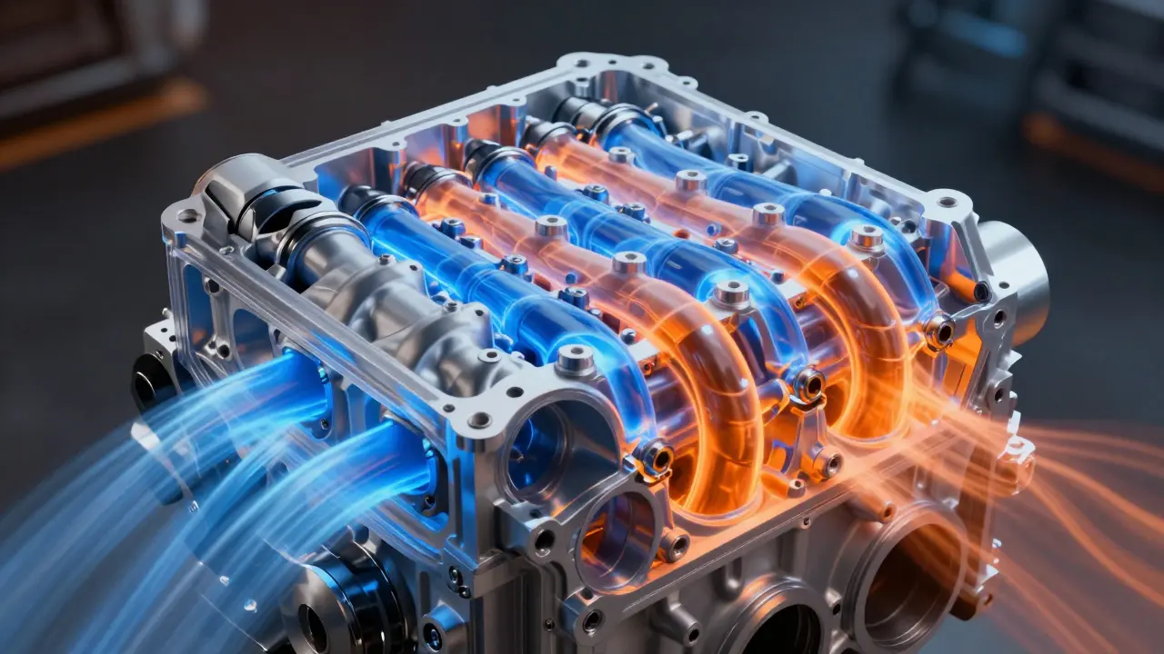 Stylized engine cross-section showing orange gas flow dynamics