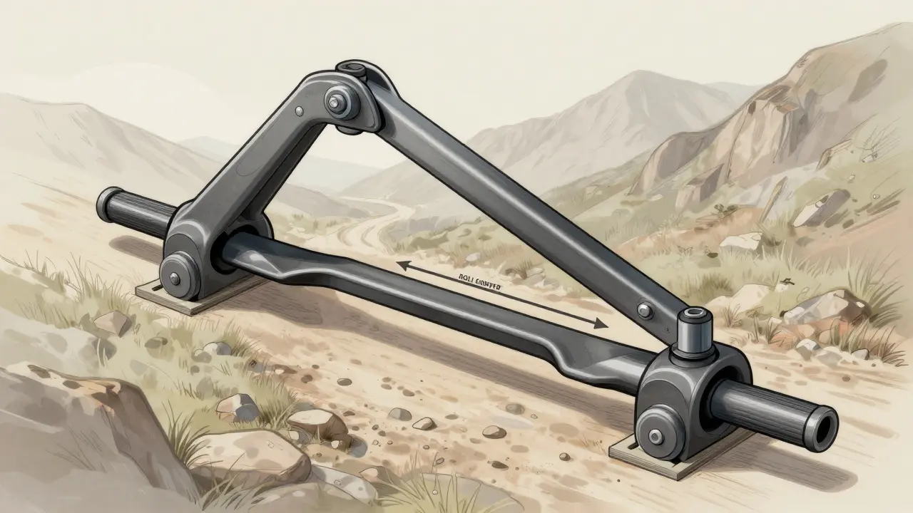 Technical diagram showing suspension components with arrows illustrating how long control arms lower the roll center and improve tire contact.
